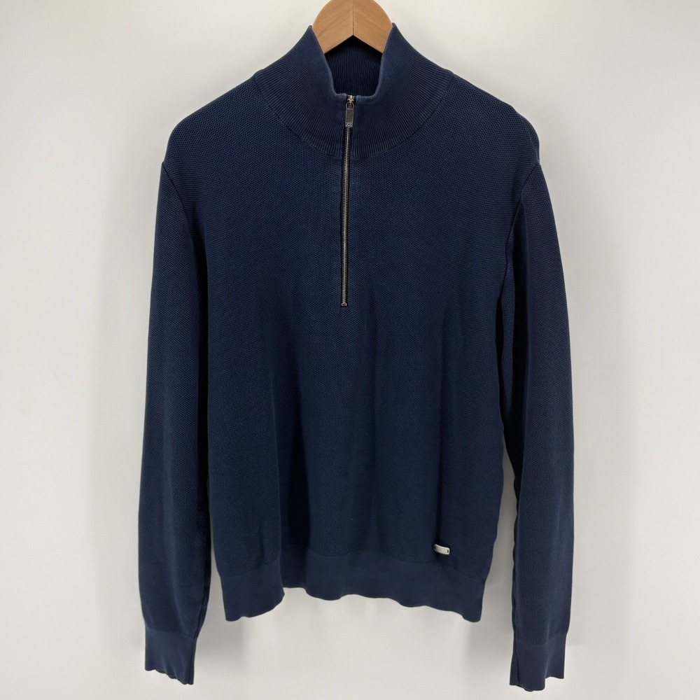 ZegnaSport Sweater 1/4 Zip Mock Neck Textured Knit Navy Golf Pullover M